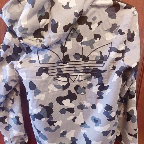 Adidas Original jacket used, black and white camo with hood and fleece lining