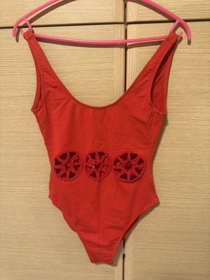 Red one-piece swimsuit like new with decorative beads, size S