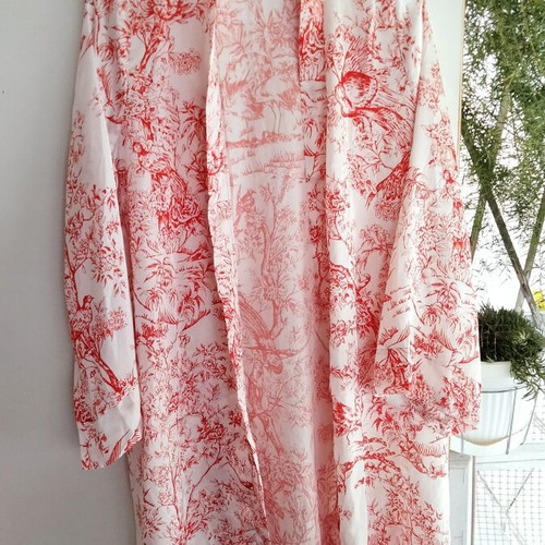 Vintage Style Kimono Robes with Toile de Jouy Pattern, Blue & Red