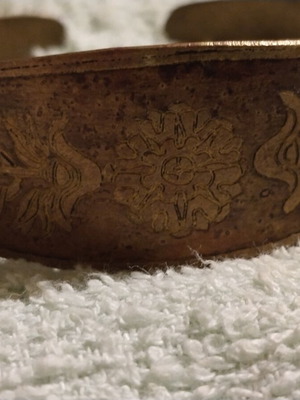Vintage copper cuff bracelet with Greek neoclassical motifs, used