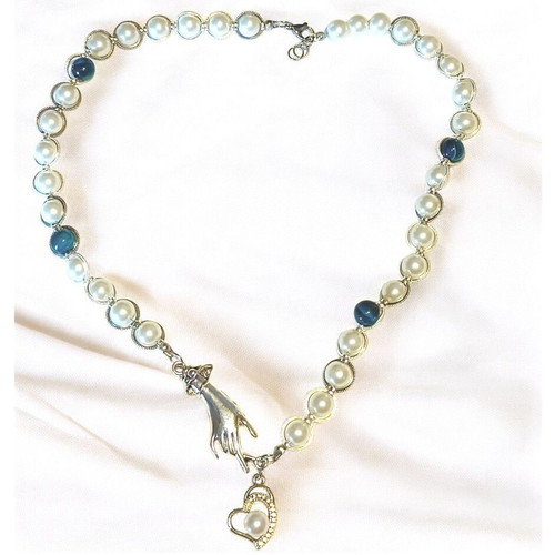 Handmade necklace with white pearls, blue tiger eye and metal elements new