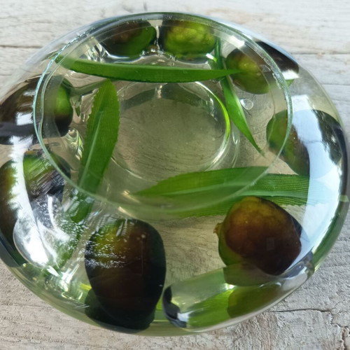 Vintage acrylic glass tealight holder with olive motif, like new