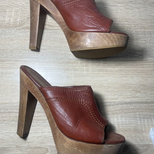 Yves Saint Laurent brown leather wooden platform mules used
