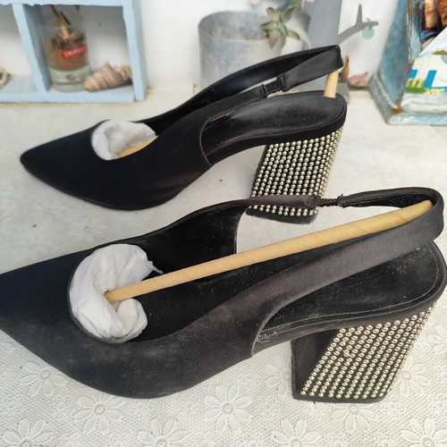 Only black satin slingback heels with gold studs, size 38
