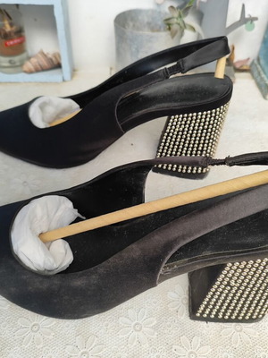 Only black satin slingback heels with gold studs, size 38