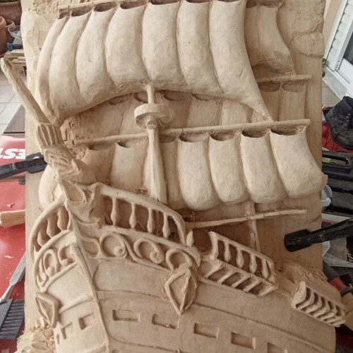 Handmade wooden pirate ship carving, linden wood