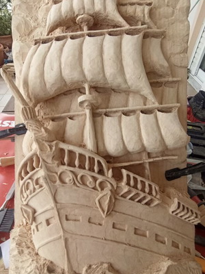 Handmade wooden pirate ship carving, linden wood