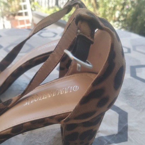 Diamantique leopard black suede sandals with thick heel, like new