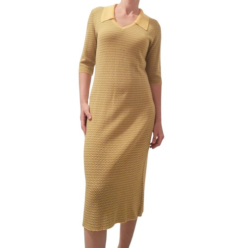 Unique designer dress like new, Merino wool, size Medium, brown and yellow