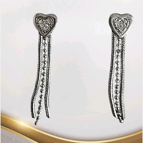 Fashion Earrings Silver Heart Shaped Long Earrings With Chains And Rhinestones New