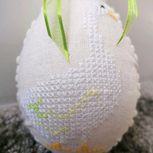 Easter handmade egg with duck design, new, embroidered on beige fabric 12 cm