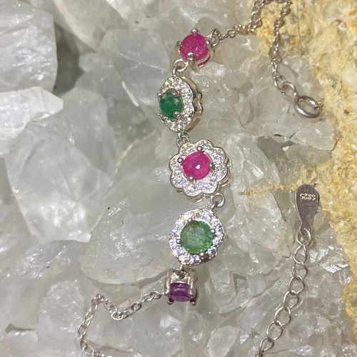 Handmade silver bracelet with natural emerald, ruby and moissanite