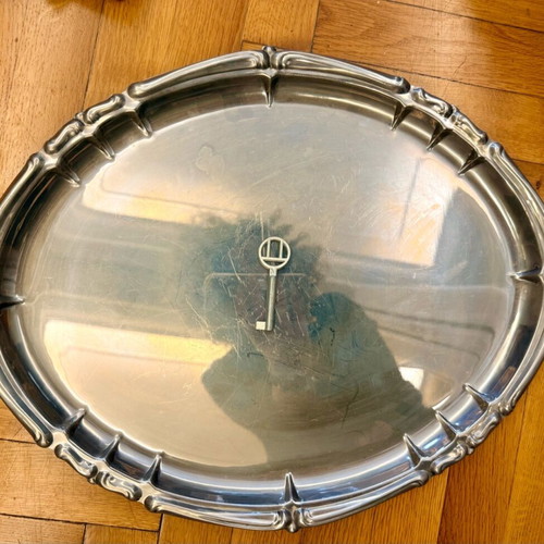 Vintage oval serving tray used, silver-plated/stainless steel