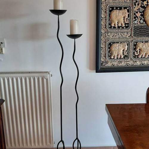 Floor candlesticks used, wrought iron, large set of 2, solid iron