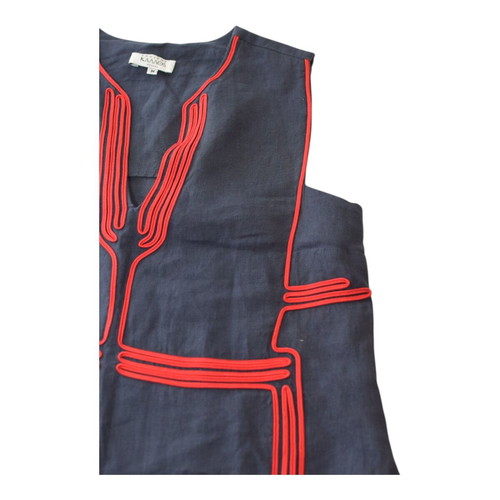 Ancient Kallos Athena Cord Long Linen Dress Blue with Red Embroidery M Like New