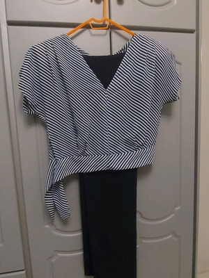 Fabric pants and striped shirt set dark blue used