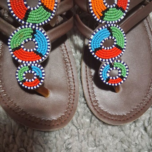 Sandals with beads new, brown multicolor, size 38