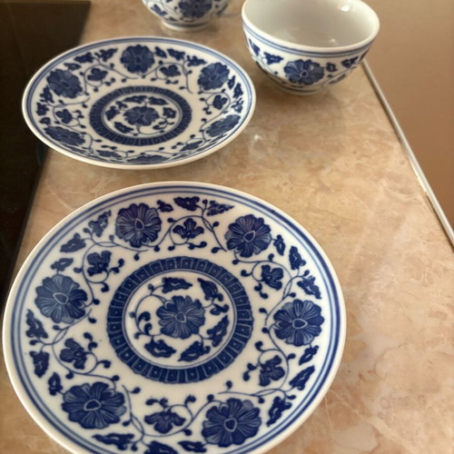 Chinese porcelain tea cups with saucers, white and blue decoration