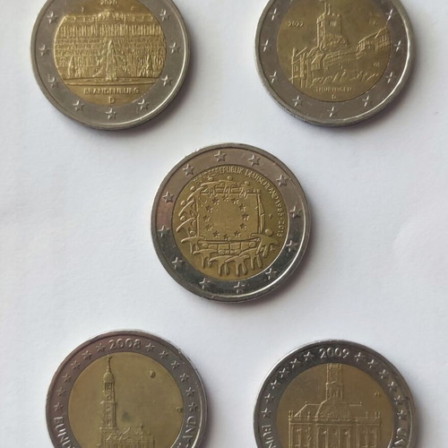 German 2€ coins used, pack of 5 pieces
