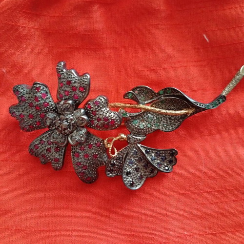 Antique camellia brooch with butterfly, 9k gold and 925 silver