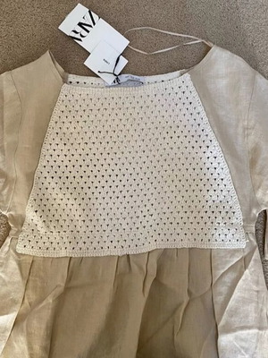 Zara Φόρεμα Λινό με Κοντό Μανίκι και Κροσέ Μπούστο, S