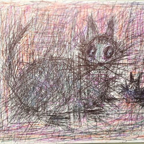 Modern art cat painting with kitten, signed original