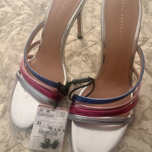 Zara Trafaluc high-heeled sandals new, multicolor straps, silver texture