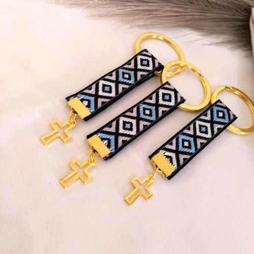 Handmade baptism favors keychains with ribbon and cross charm