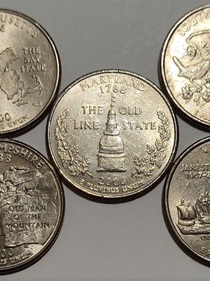 US Quarter Dollar Coins used, lot of 5 from 2000