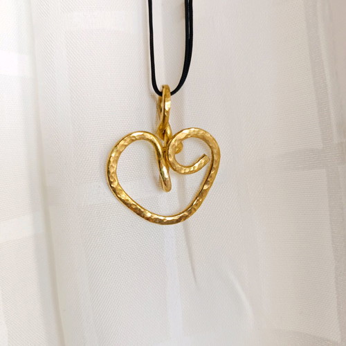 Handmade heart pendant brass with pink Swarovski beads and black nylon cord