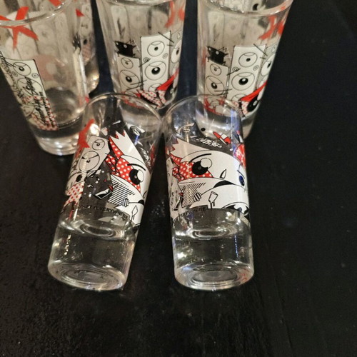 Set of 10 thematic collectible vodka shot glasses 30ml like new