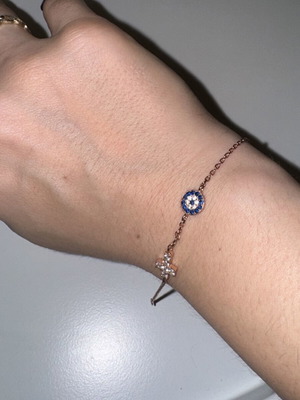 Women's gold-plated 925 silver bracelet with pink plating, evil eye and cross with zircon used