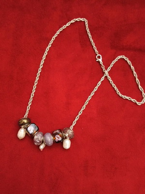 Stainless Steel Necklace new with charms, acrylic beads and faux pearls