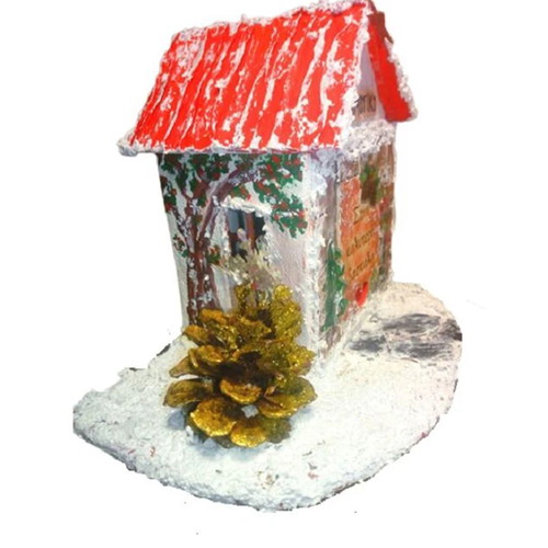 Christmas handmade wooden tabletop decoration with snowy school