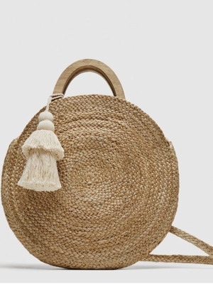 Zara straw bag with wooden handles and removable tassel