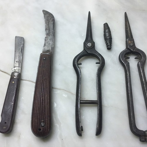 Vintage agricultural tools with grafting knife, farmer's pocket knife and pruning shears