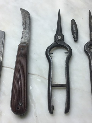 Vintage agricultural tools with grafting knife, farmer's pocket knife and pruning shears