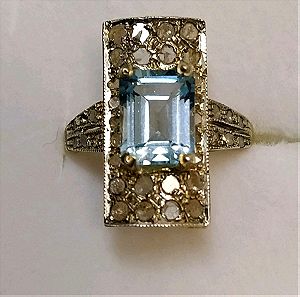 Δαχτυλίδι Χρυσό 14 καράτια με ασημί, ακατέργαστα διαμάντια και ακουαμαρίνα