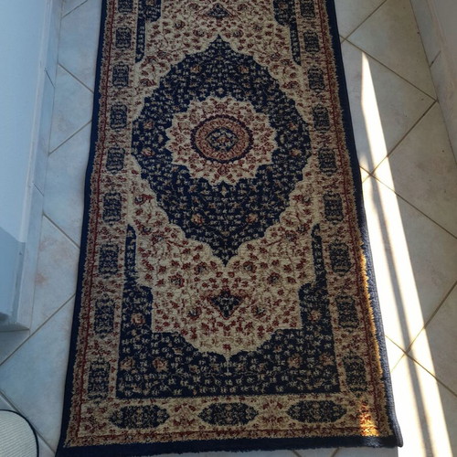 Rug set used, 3 pieces, blue beige with burgundy, thick pile