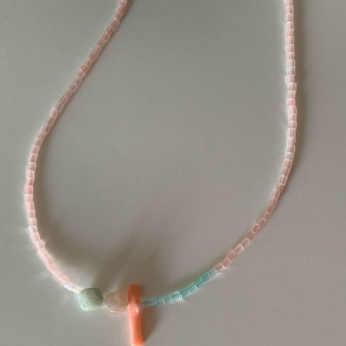 Handmade necklace with amazonite, coral, glass beads and stainless steel closure new, pink and turquoise