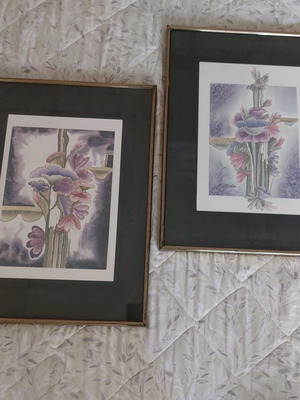 Set of framed prints used with gold tone and floral illustrations