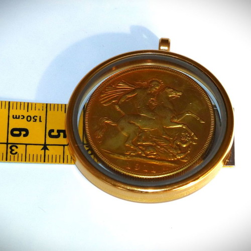 English Gold Pound Pendant 22K Gold Plated in Glass Case