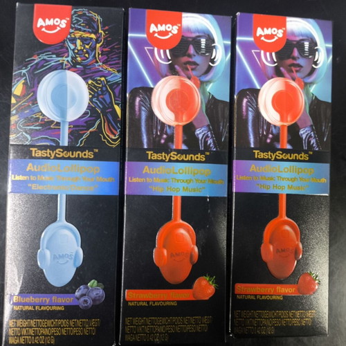 Amos TastySounds Audio Lollipop, σετ 3 με φράουλα και μύρτιλο