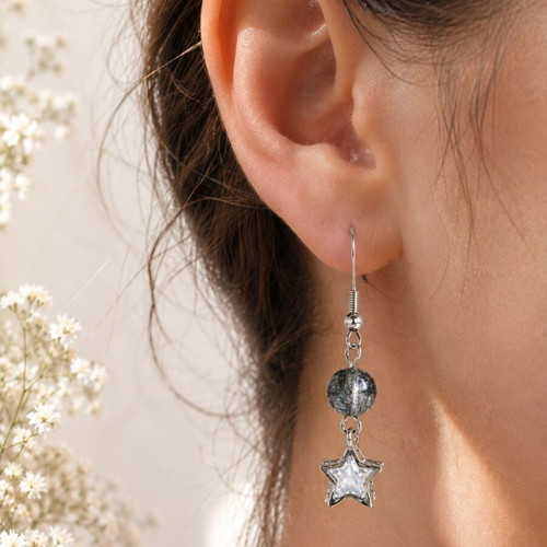 Cosmic Star Handmade Earrings with Silver Stars and Crackle Beads