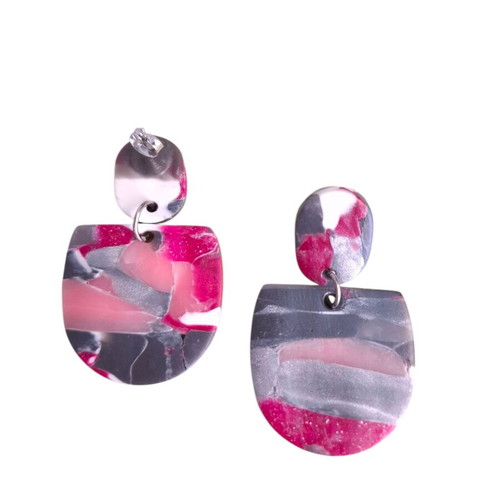 Handmade polymer clay earrings with steel posts, like new, pink and gray