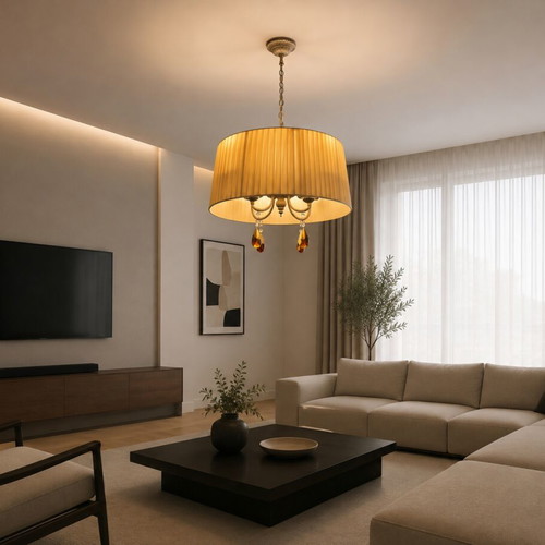 Ceiling light with brass parts and yellow lampshade