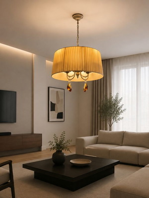 Ceiling light with brass parts and yellow lampshade