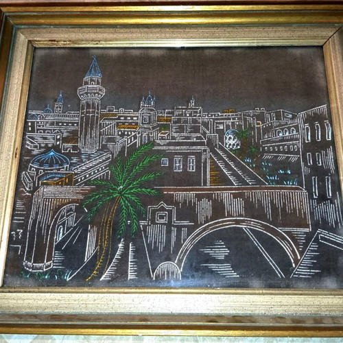 Handmade embroidered souvenir framed artwork with thread from Libya