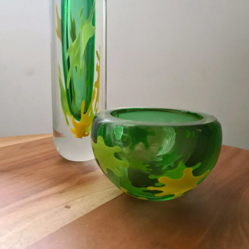 Vase and bowl splash green set used