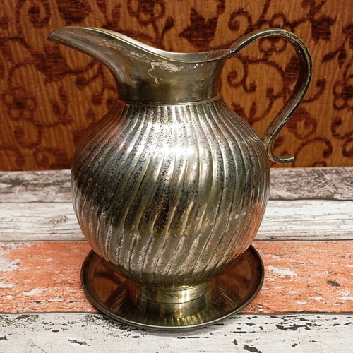 Silver-plated Art Deco jug used, brass with saucer
